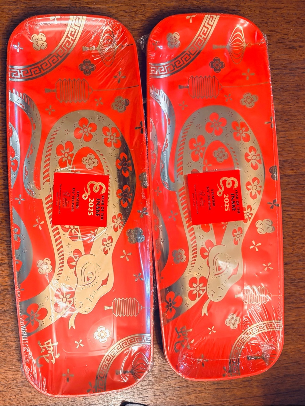 Red Decorative Lunar New Year Serving Trays with Gold of Snake Design